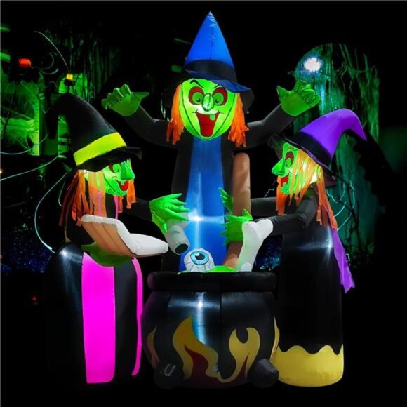 Halloween Inflatables Outdoor Decorations,6 Feet 3 Witches, LED Lights, Blow up - Picture 6 of 7